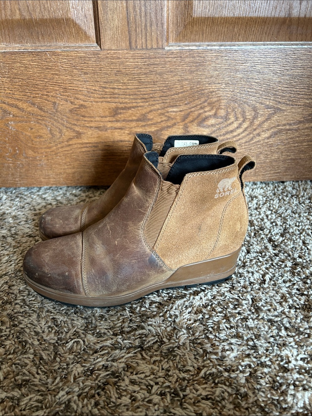 Sorel Evie Chelsea Wedge Ankle Boots Brown Leather & Suede Women’s Size 8